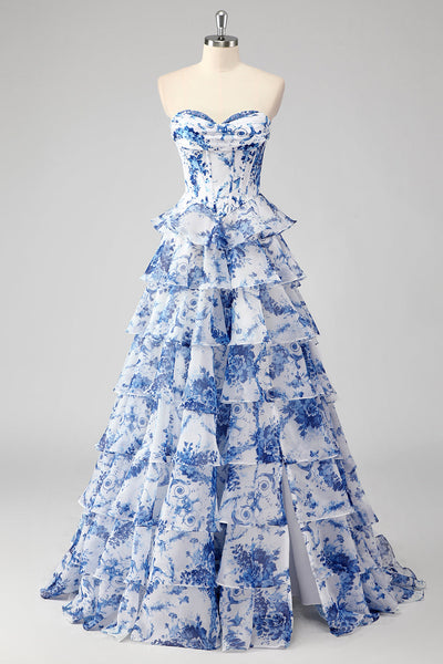 Blue White Floral A-Line Sweetheart Chiffon Tiered Long Prom Dress, Slit