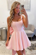 Pink Satin A-Line Scoop Sleeveless Pleated Homecoming Dress, Big Bow