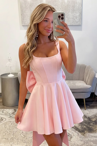 Pink Satin A-Line Pleated Dress with Big Bow