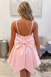 Pink Satin A-Line Pleated Dress with Big Bow