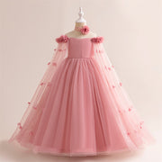Princess Flowers Off Shoulder Tulle Long Formal Party Girl's Dress, Cape Sleeves Sash