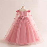 Princess Flowers Off Shoulder Tulle Long Formal Party Girl's Dress, Cape Sleeves Sash