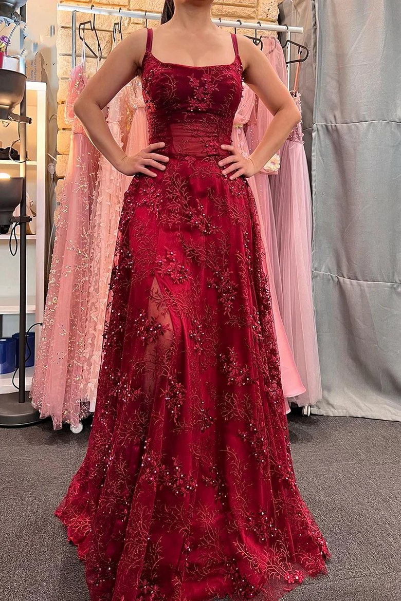 A-line Square Neck Straps Empire Waist Beaded Lace Burgundy Prom Dress, Slit