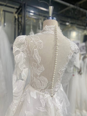 3D Floral Lace Wedding Dress Long Sleeve A-Line Sheer Back Chapel Train