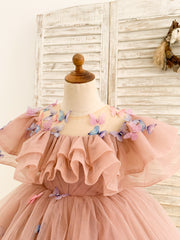 Birthday Party 3D Butterflies Mauve Tulle Ruffles Wedding Flower Girl Dress