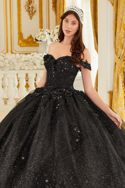 Long Floral Ball Gown Glitter Quinceañera Dress