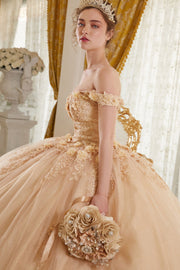 Long Floral Ball Gown Glitter Quinceañera Dress