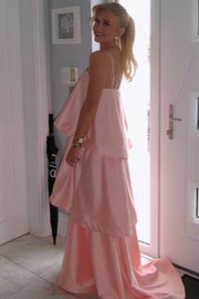 A-Line Spaghetti Straps Layered Satin Sleeveless Long Formal Prom Dress