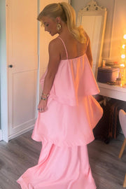 A-Line Spaghetti Straps Layered Satin Sleeveless Long Formal Prom Dress