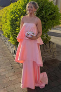 A-Line Spaghetti Straps Layered Satin Long Formal Prom Dress