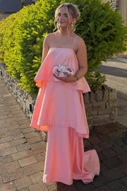 A-Line Spaghetti Straps Layered Satin Sleeveless Long Formal Prom Dress