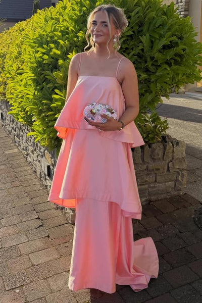 A-Line Spaghetti Straps Layered Satin Sleeveless Long Formal Prom Dress