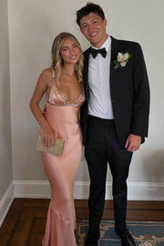Deep V-Neck Straps Sleeveless Satin Long Formal Prom Dress