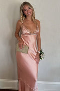 Coral Deep V-Neck Straps Sleeveless Satin Long Formal Prom Dress