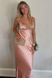 Deep V-Neck Straps Sleeveless Satin Long Formal Prom Dress