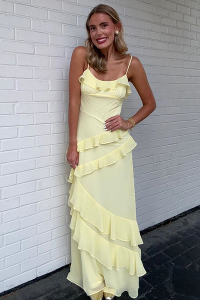 Spaghetti Straps Ruffles Sleeveless Sheath Long Prom Party Dress