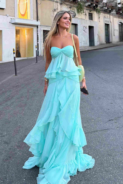 Strapless Sweetheart Ruffles Chiffon Long Prom Dress