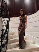 High-Neck Chocolate Satin Maxi Gown with Scarf Detail