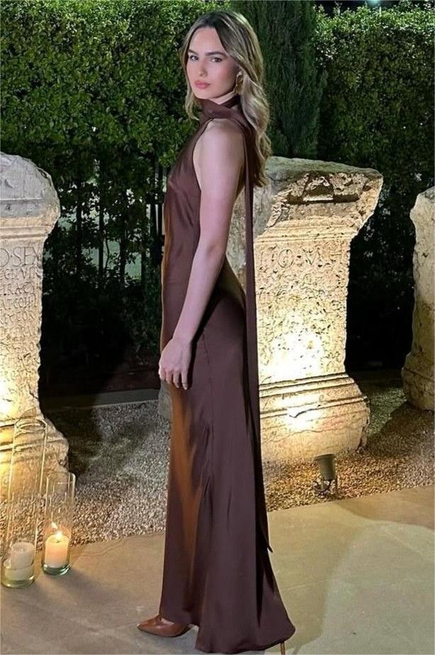 Chocolate Satin High-Neck Maxi Gown with Scarf Detail