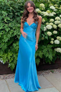 Classy Straps V-Neck Beads Open Back Long Prom Dress, Bow
