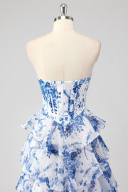 Blue White Floral A-Line Sweetheart Chiffon Tiered Long Prom Dress, Slit