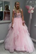 Pink A-Line Sleeveless Empire-Waist Ruffles Long Prom Dress, Lace