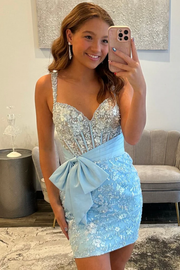 Cute Straps Sweetheart Sequined Appliques Mini Homecoming Dress with Bow