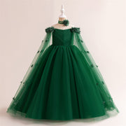 Princess Flowers Off Shoulder Tulle Long Formal Party Girl's Dress, Cape Sleeves Sash