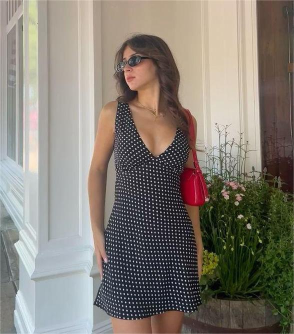 Deep V-Neck A-Line Mini Dress with Seamed Bodice - Princessly Deep V-Neck A-Line Mini Dress with Seamed Bodice - Princessly