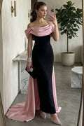 Off Shoulder Pleats Black Satin Long Party Prom Dress with Pink Train