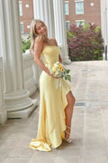 Yellow Satin Mermaid Strapless Asymmetrical Ruffles Prom Dresses, Slit