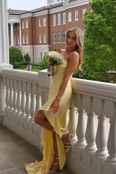 Elegant Yellow Satin Mermaid Strapless Ruffles Lace up Prom Dresses With Slit