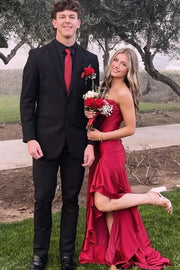 Elegant Yellow Satin Mermaid Strapless Ruffles Lace up Prom Dresses With Slit