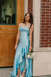 Elegant Yellow Satin Mermaid Strapless Ruffles Lace up Prom Dresses With Slit