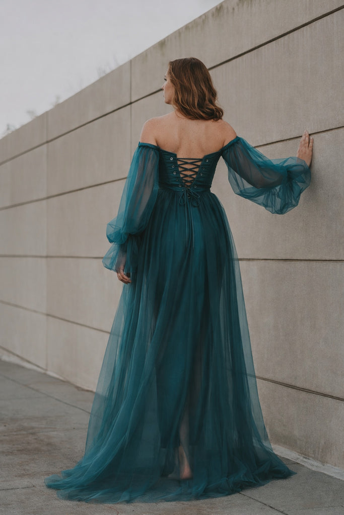 Emerald Green Off-Shoulder Tulle Gown - Princessly Emerald Green Off-Shoulder Tulle Gown - Princessly