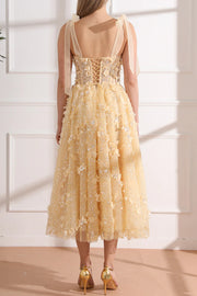 Floral Embellished Yellow Tulle Midi Dress
