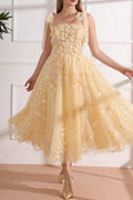 Floral Embellished Yellow Tulle Midi Dress