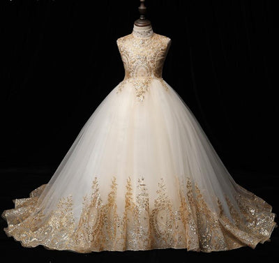 Vestido de baile de tule marfim com lantejoulas douradas, vestido de casamento para meninas, festa infantil