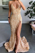 Gold Spaghetti Straps Sequined High Slit Sleeveless Mermaid Long Prom Dress