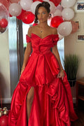 Red Satin A-Line Ruched Off Shoulder Long Prom Dress, Slit