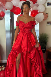 Red A-Line Empire-Waist Ruched Off-Shoulder Long Prom Dress