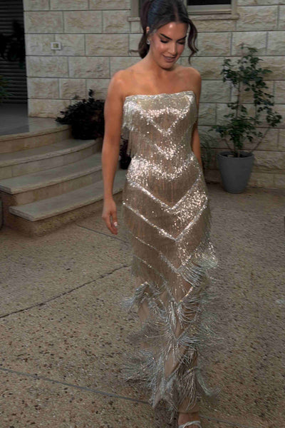 Strapless Tassel Sleeveless Long Prom Party Dress