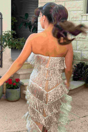 Strapless Tassel Sleeveless Long Prom Party Dress