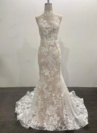 Trumpet Lace Wedding Dress Beaded White Halter Sleeveless Sweep