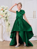 Sleeveless Green Satin High Low Wedding Party Flower Girl Dress, Train Sash Bow - 8T