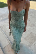 Mermaid Green Spaghetti Straps Lace Satin Long Prom Dress