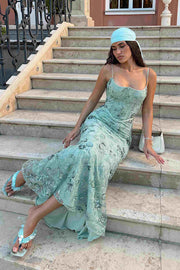 Green Spaghetti Straps Lace Appliques Pleats Long Dress