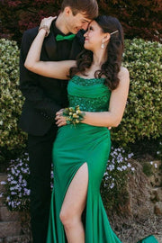 Mermaid  Strapless Scoop Sequin Satin High Slit Long Prom Dress