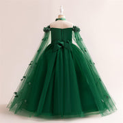 Princess Flowers Off Shoulder Tulle Long Formal Party Girl's Dress, Cape Sleeves Sash