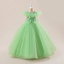 Abito da ballo con fiori 3D, abito da principessa in tulle verde con volant, per feste formali